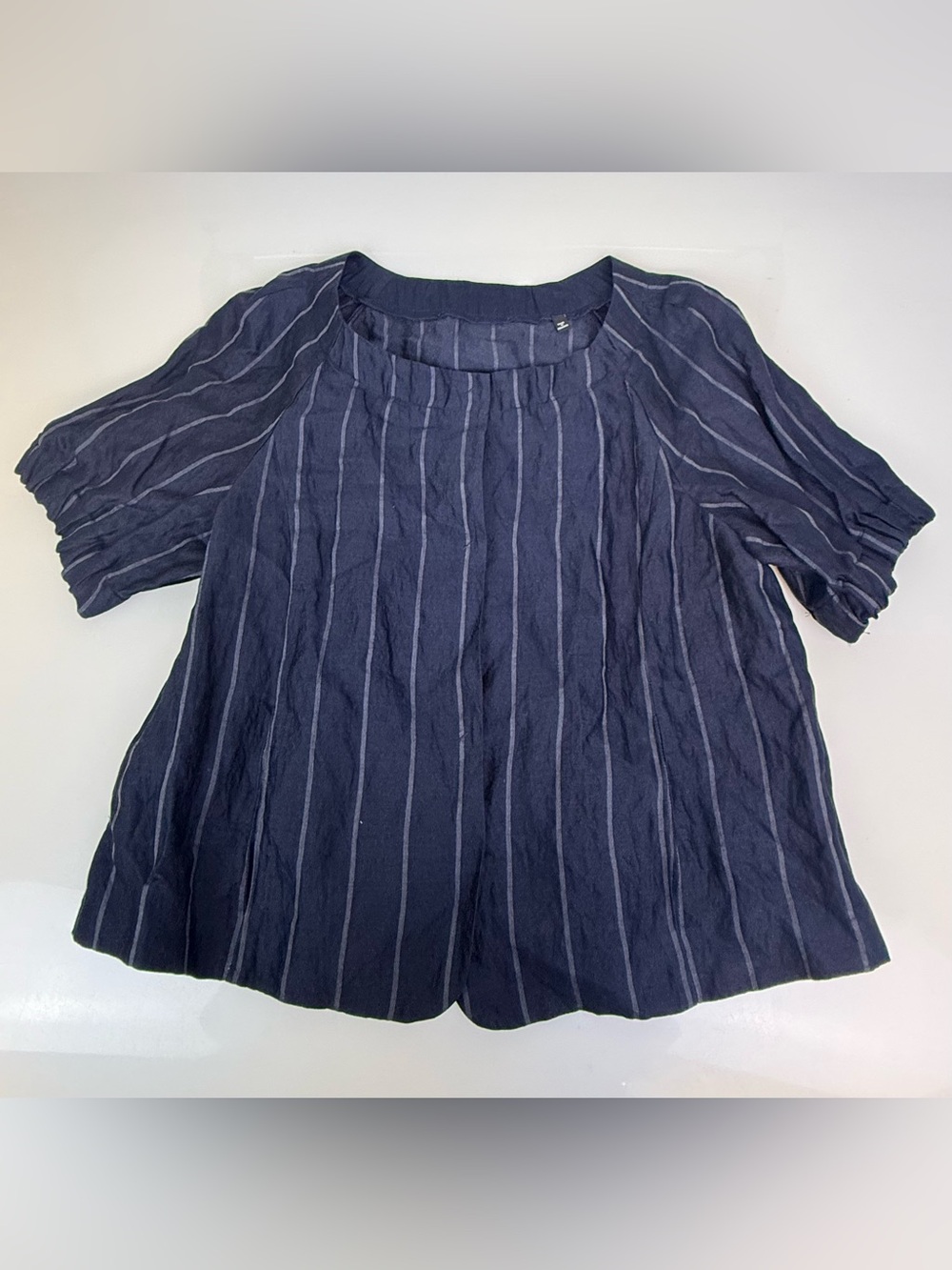 Emporio Armani Navy Blue Pinstripe Puff-Sleeve Blouse J5-2